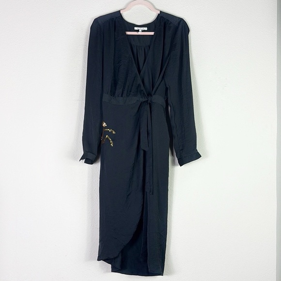 Avec Les Filles Black Satin Wrap Dress with Gold Sequin Horse Details size M - Picture 1 of 10